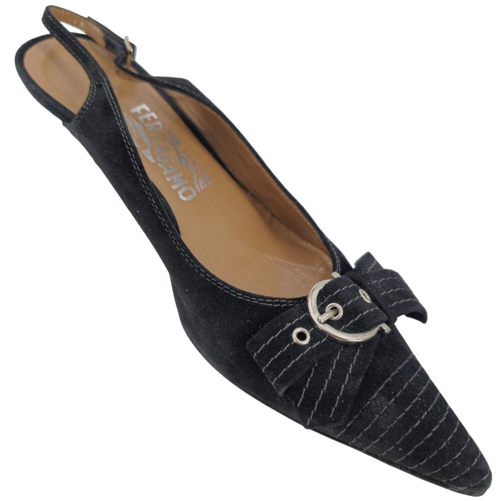 Vintage Salvatore Ferragamo Black Striped Suede Formal Slingback Kitten Heel 8AA - Picture 3 of 16